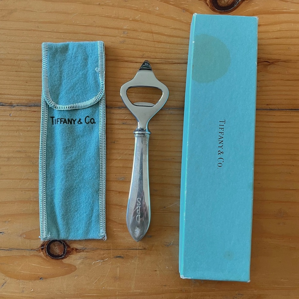 Vintage Tiffany and Co Sterling Handle Bottle Opener Monogram Stamped Box Pouch